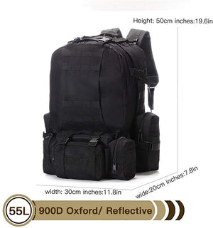 55L Tactical Backpack Military Assault Pack Camping Hiking Outdoor Traveling Backpack Waterproof Detachable, Black/Camouflage