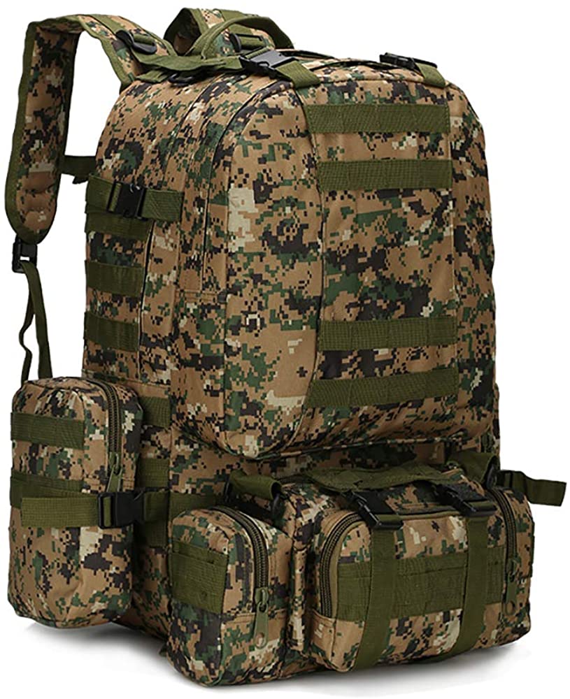 55L Tactical Backpack Military Assault Pack Camping Hiking Outdoor Traveling Backpack Waterproof Detachable, Black/Camouflage