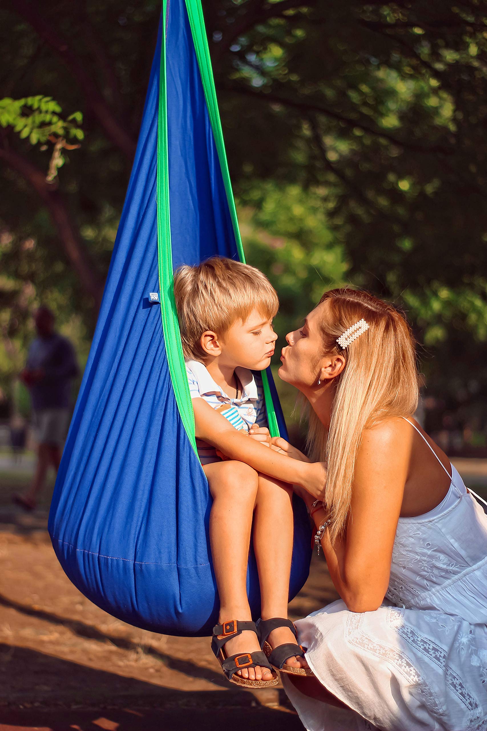 Kids Pod Swing Seat 100% Cotton Hammock Pod Chair with Pocket 360-Degree Rotating Suspension Plate for Outdoor Indoor