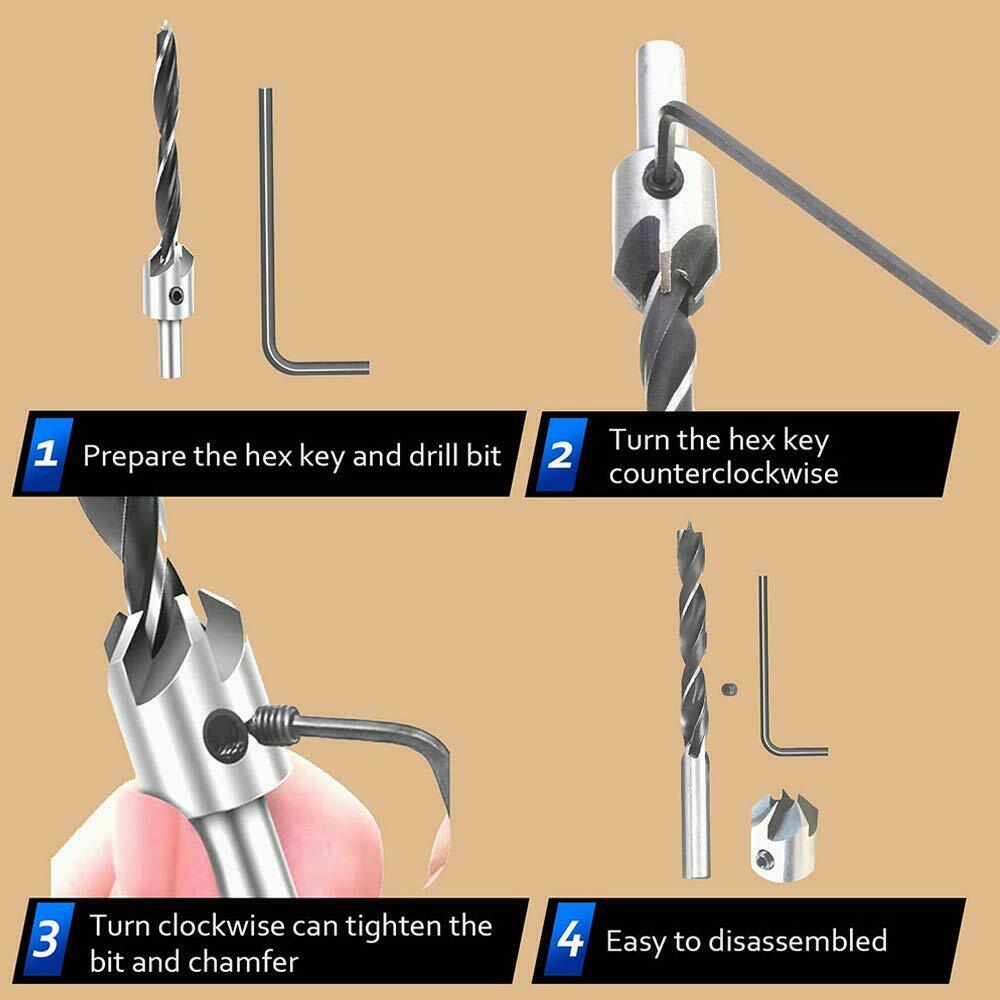 23pcs Woodworking Chamfer Drilling Tool, 8pcs Wood Plug Cutter Drill, 7pcs Three Pointed Countersink Drill Bit with L-Wrench, 6pcs 1/4" Hex 5 Flute 90 Degree Countersink Drill Bits