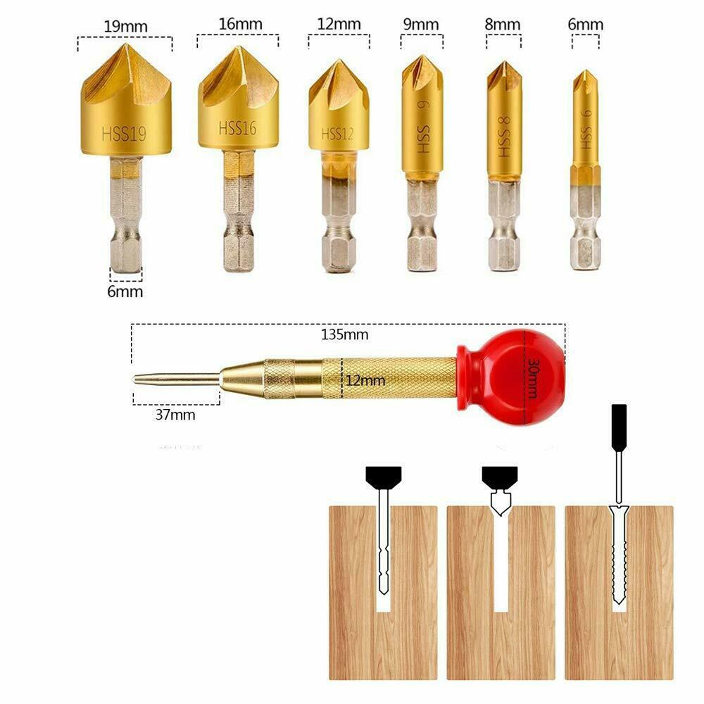 23pcs Woodworking Chamfer Drilling Tool, 8pcs Wood Plug Cutter Drill, 7pcs Three Pointed Countersink Drill Bit with L-Wrench, 6pcs 1/4" Hex 5 Flute 90 Degree Countersink Drill Bits