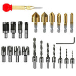 23pcs Woodworking Chamfer Drilling Tool, 8pcs Wood Plug Cutter Drill, 7pcs Three Pointed Countersink Drill Bit with L-Wrench, 6pcs 1/4" Hex 5 Flute 90 Degree Countersink Drill Bits