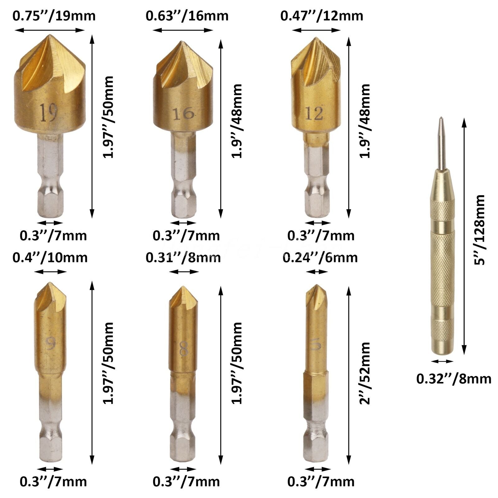 23pcs Woodworking Chamfer Drilling Tool, 8pcs Wood Plug Cutter Drill, 7pcs Three Pointed Countersink Drill Bit with L-Wrench, 6pcs 1/4" Hex 5 Flute 90 Degree Countersink Drill Bits