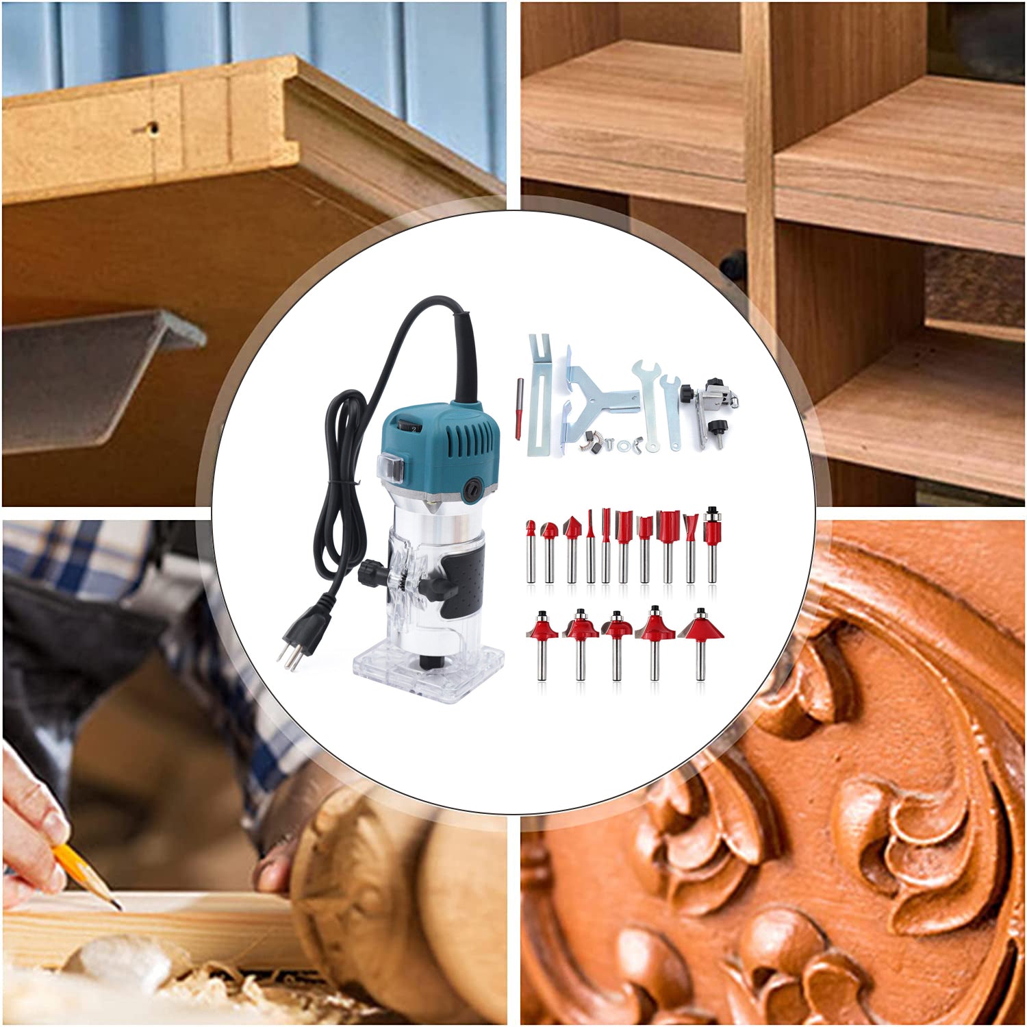 Wood Router Tool, Compact Trim Router with 6 Variable Speed, 15 Wood Router Bits, Collets and Dust Hood