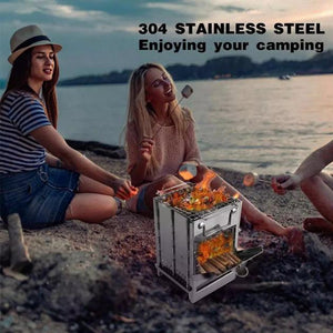 Wood Burning Camping Stove Folding with Pot Stand, Portable Stainless Steel Grill Backpacking Stove for Hiking Picnic Cooking Outdoor
