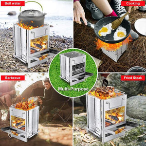 Wood Burning Camping Stove Folding with Pot Stand, Portable Stainless Steel Grill Backpacking Stove for Hiking Picnic Cooking Outdoor