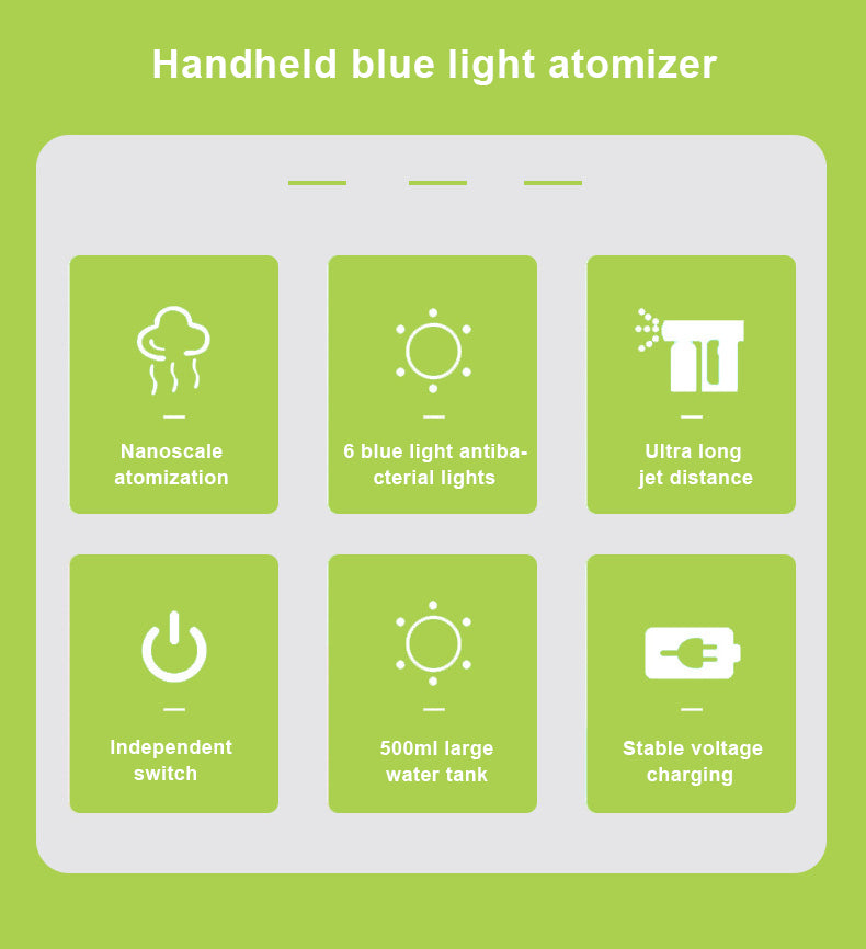 Disinfectant Mist Gun Handheld Rechargeable Nano Atomizer Portable Sprayer with Blue Light for Home Office School or Car, White/Black