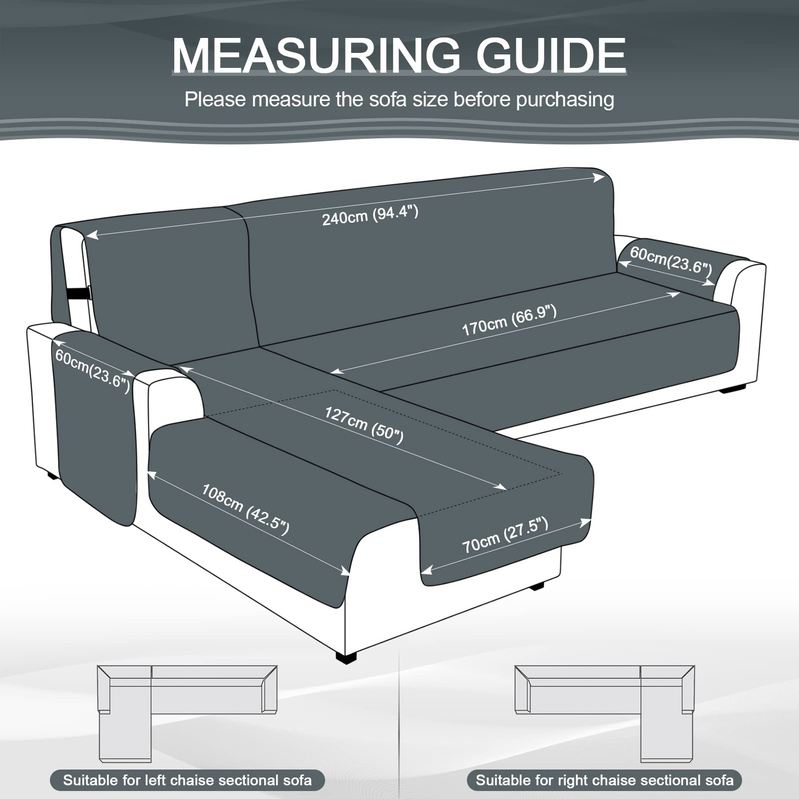 Sectional Couch Cover 100% Waterproof L Shaped Slipcover 3pcs Reversible Chaise Lounge Cover