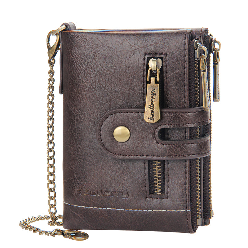 Men Leather Wallet with Double Anti-Theft Chain Double Zipper Coin Pocket Purse with ID Window, 4 Colors