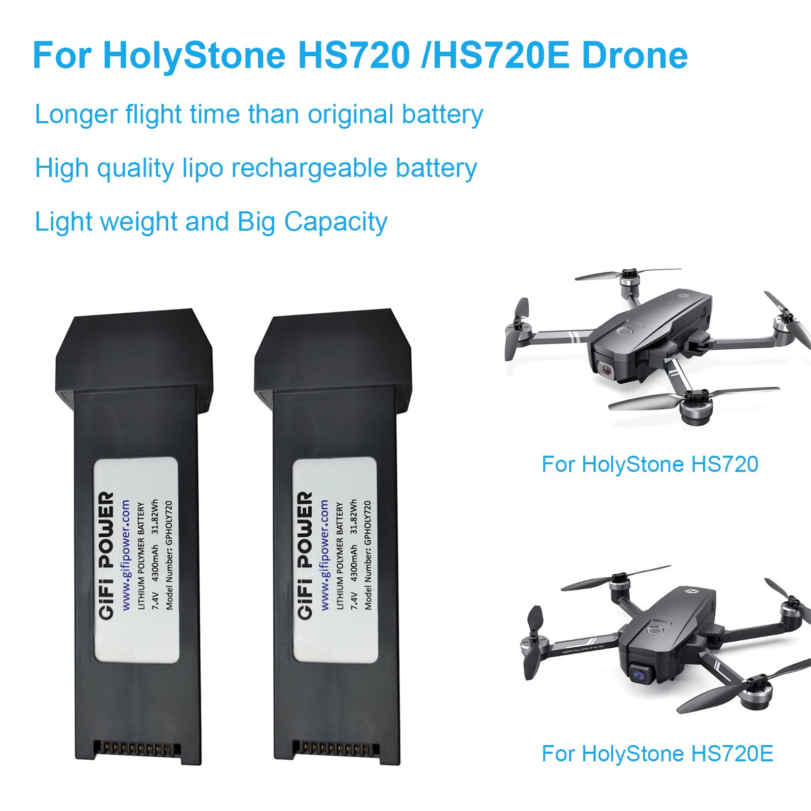 7.4V 4300mAh Lithium Spare Battery for HolyStone HS720 & HS720E GPS Quadcopter Drone