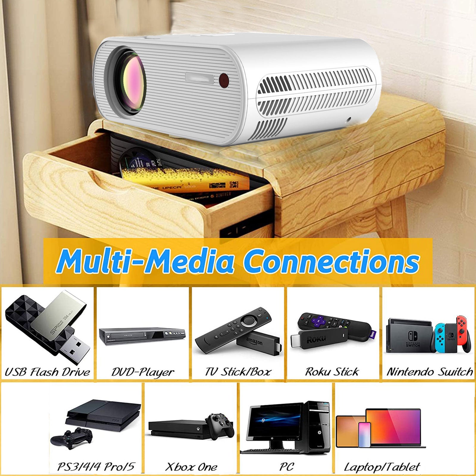 Mini Projector Portable Full HD 1080P with Synchronize Smartphone Screen for Outdoor Movie Home Theater