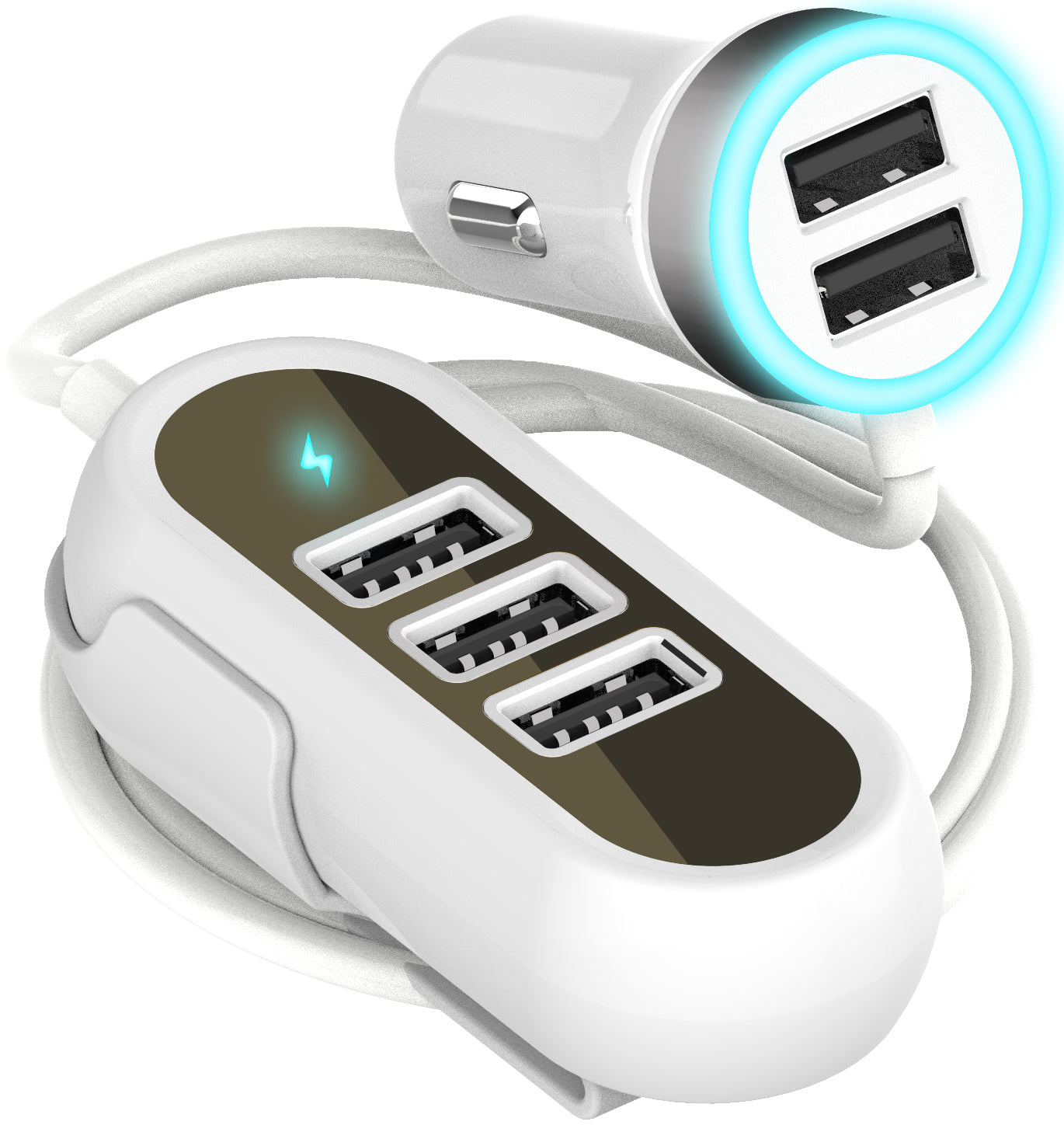 Car Charger with 5 USB Multi Ports Rapid Adapter 4.9ft for iPhone and Android