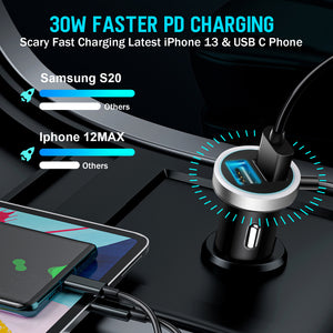5 Multi Ports Car Charger 42W QC 3.0 Fast USB Adapter Cigarette Lighter with 5FT Cable for iPhone Samsung Android