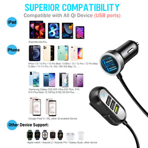 5 Multi Ports Car Charger 42W QC 3.0 Fast USB Adapter Cigarette Lighter with 5FT Cable for iPhone Samsung Android