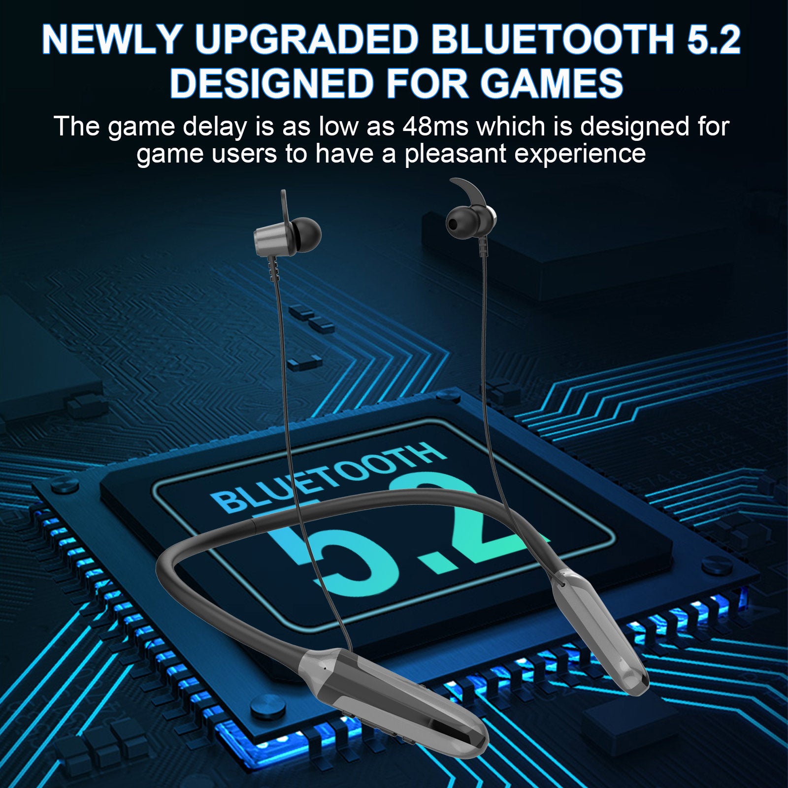 Neckband Headphones Wireless Gaming Earbuds with 48ms Ultra-Low Latency 72 Hours of Play Time Fast Charge Led Lighting