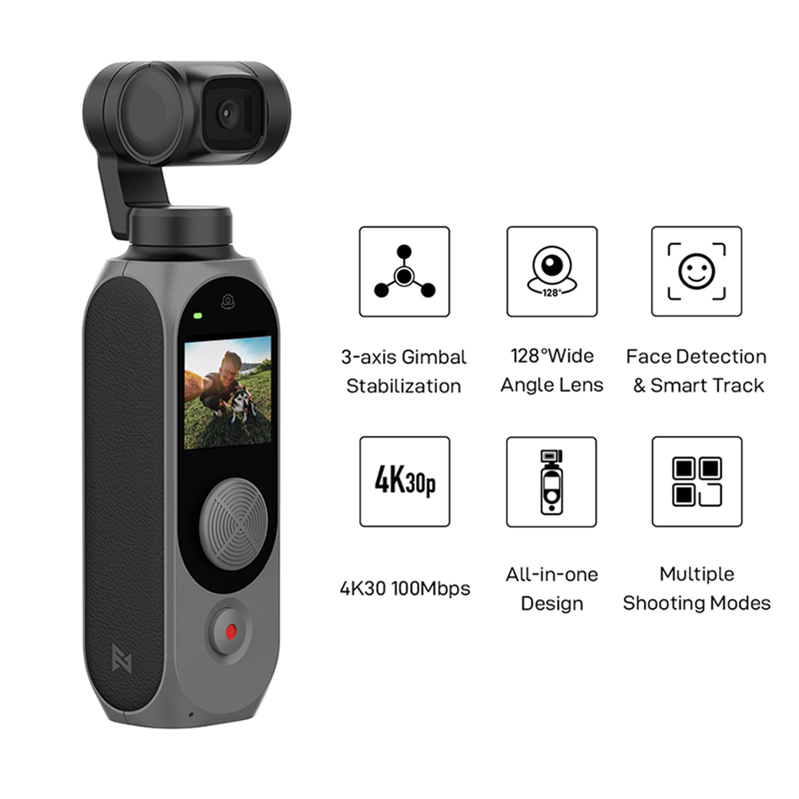 FIMI Palm 2 Gimbal Camera with 128° 4K UHD Ultra Wide Angle Lens for Android and iPhone, Black