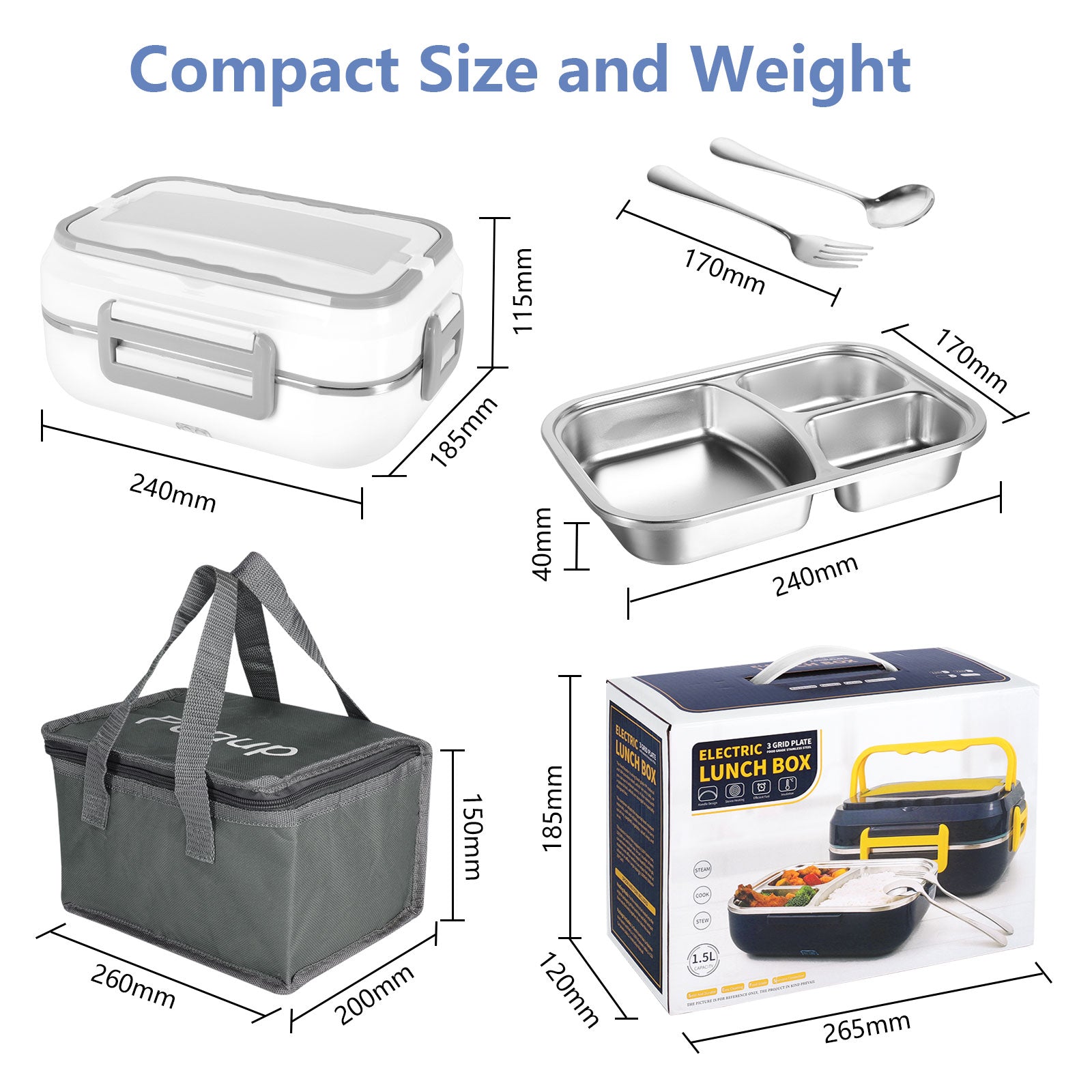 Electric Lunch Box Food Heater, 12V/110VCar Home Portable Lunch Heater with Removable Stainless Steel Container Fork Spoon Carry Bag