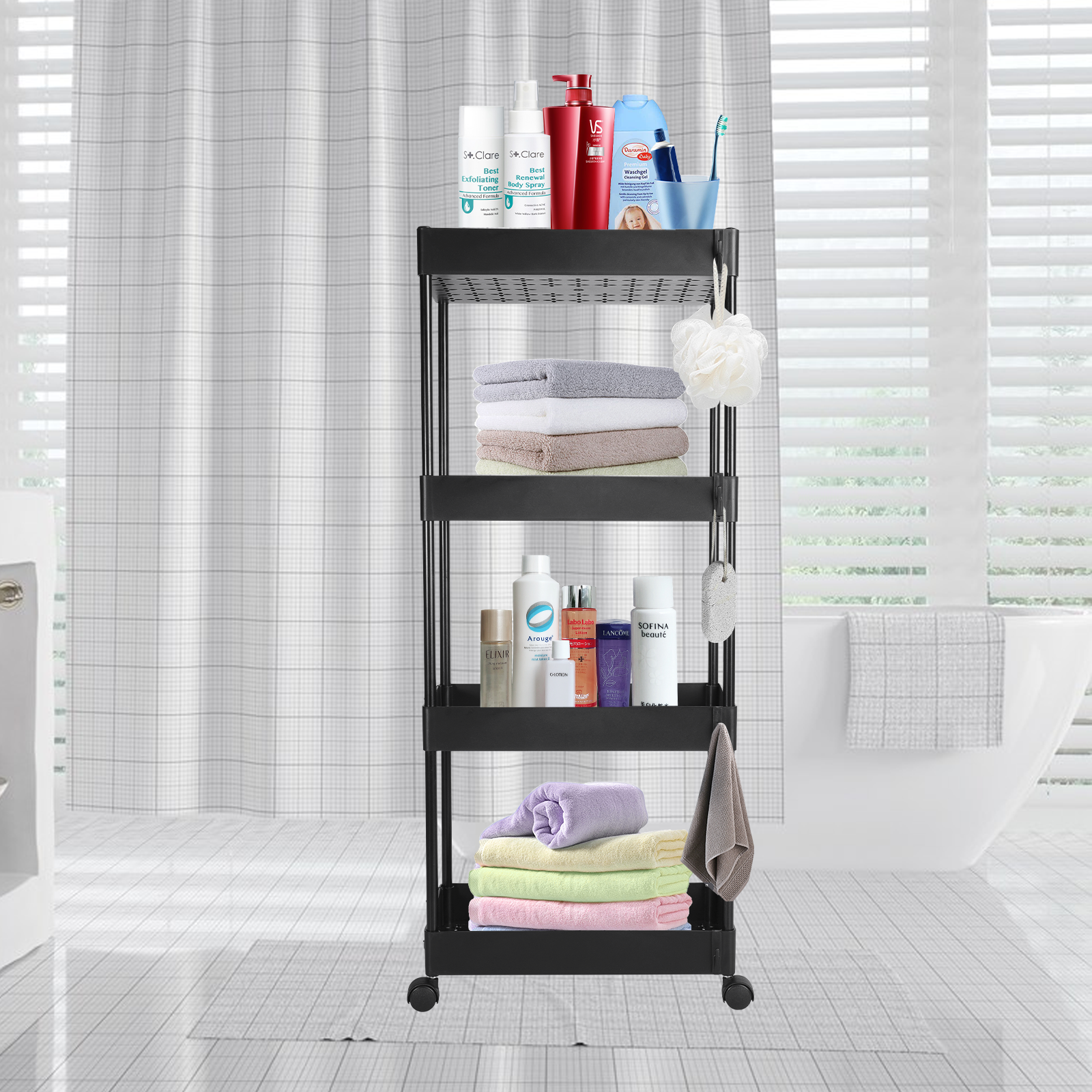 (Black) 4 Tier Rolling Storage Organizer Mobile Utility Cart