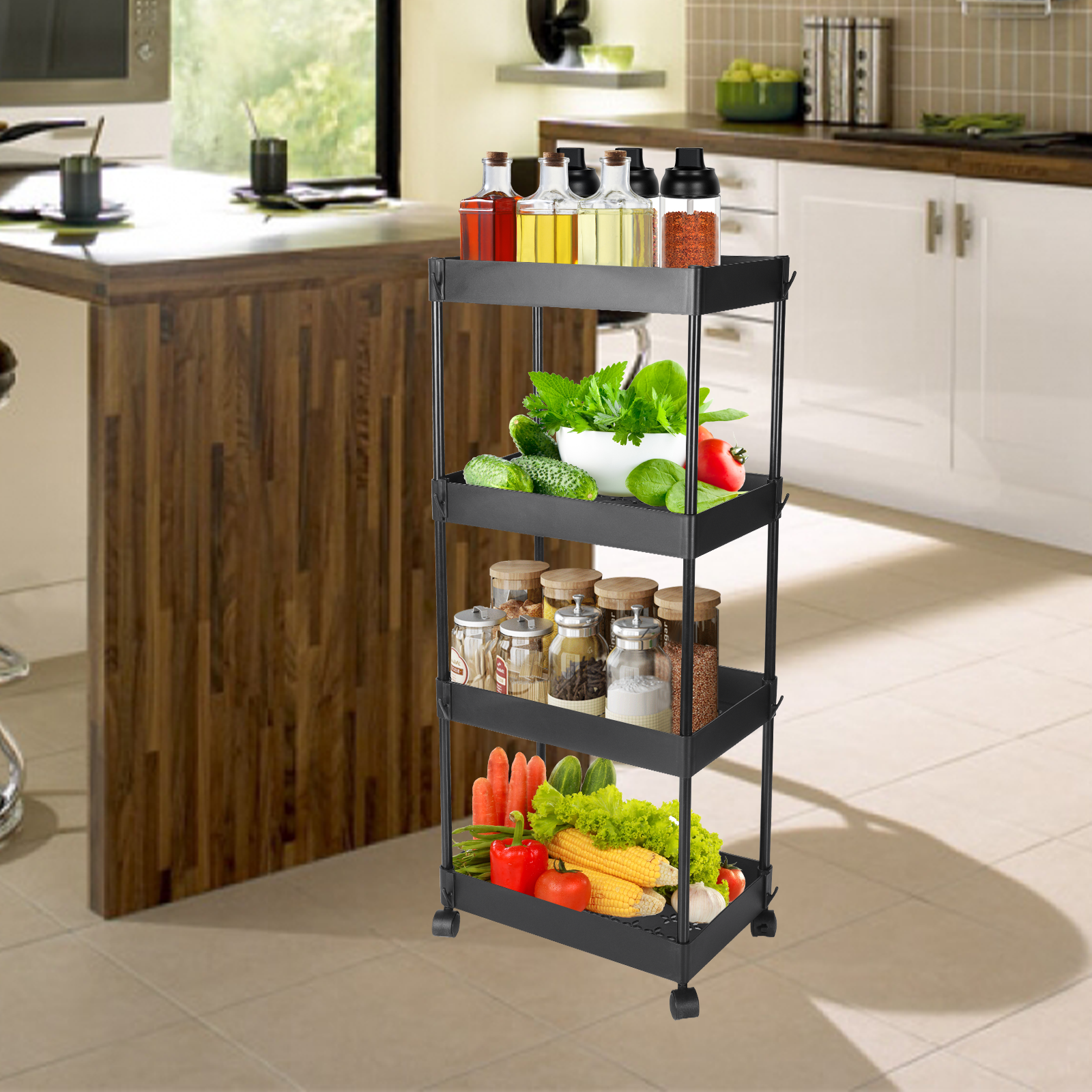 (Black) 4 Tier Rolling Storage Organizer Mobile Utility Cart