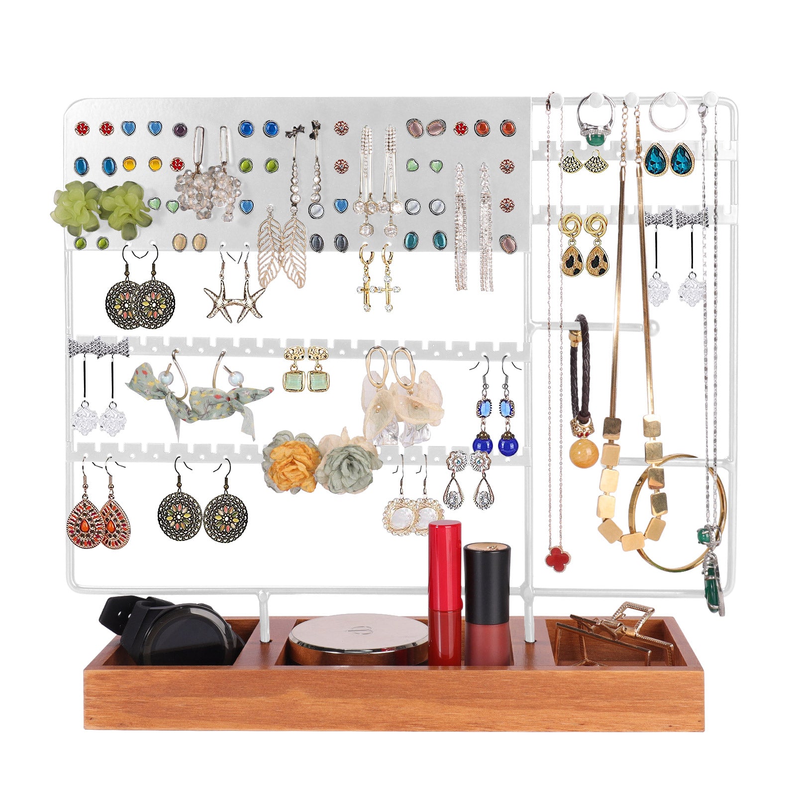 Jewelry Stand Organizer Necklace and Bracelet Holder Jewelry Tower Tree with Wooden Tray