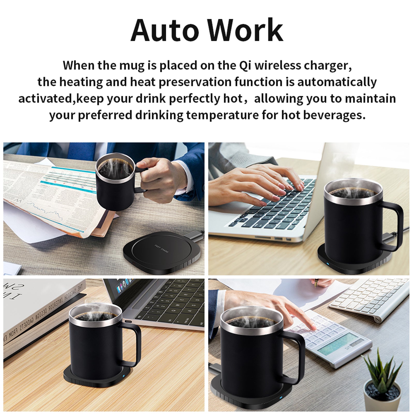 (Black) Coffee Mug Warmer, Double Layer Stainless Steel Coffee Mug with Lid, Wireless Induction Charging Heating Pad Coffee Mug, for Office and Desk