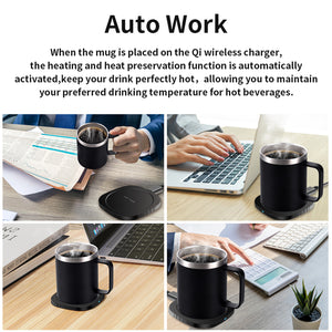 (Black) Coffee Mug Warmer, Double Layer Stainless Steel Coffee Mug with Lid, Wireless Induction Charging Heating Pad Coffee Mug, for Office and Desk