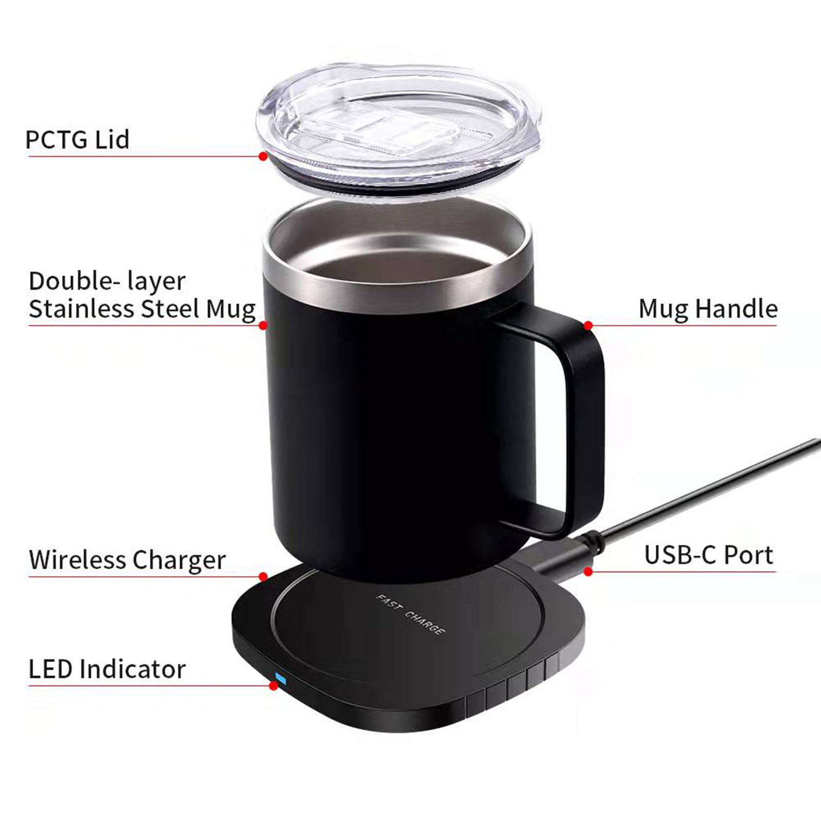 (Black) Coffee Mug Warmer, Double Layer Stainless Steel Coffee Mug with Lid, Wireless Induction Charging Heating Pad Coffee Mug, for Office and Desk