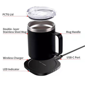 (Black) Coffee Mug Warmer, Double Layer Stainless Steel Coffee Mug with Lid, Wireless Induction Charging Heating Pad Coffee Mug, for Office and Desk