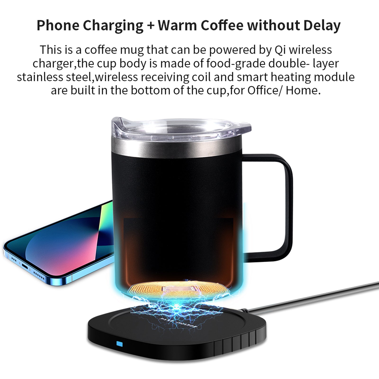 (Black) Coffee Mug Warmer, Double Layer Stainless Steel Coffee Mug with Lid, Wireless Induction Charging Heating Pad Coffee Mug, for Office and Desk