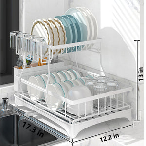 2-Tier Dish Drying Rack with Drainboard Dish Racks for Kitchen Counter, Dish Drainer Set with Utensils Holder Large Capacity Dish Strainers