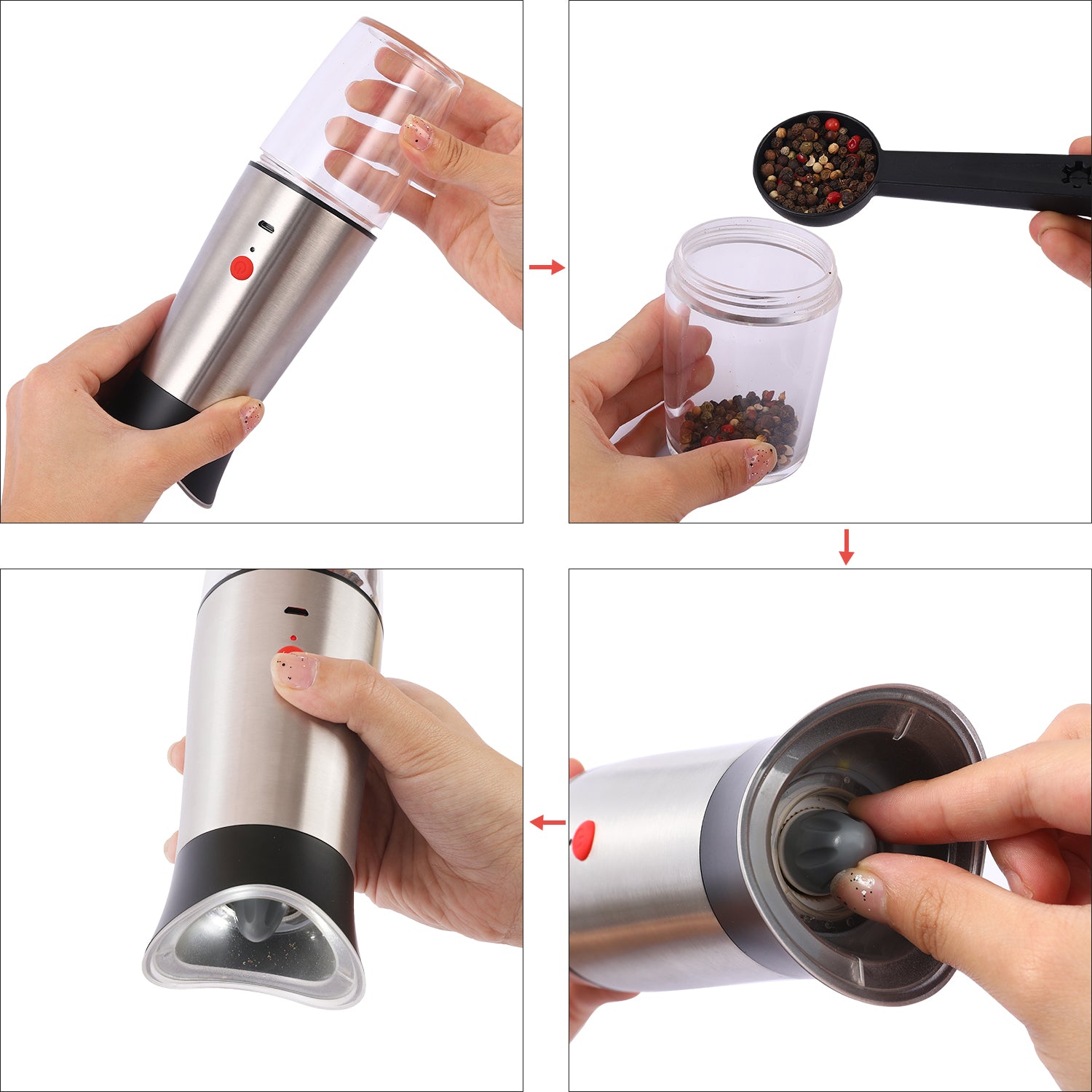 USB Electric Salt and Pepper Mill Rechargeable Adjustable Grind Coarseness Refillable Automatic Peppercorn Shaker