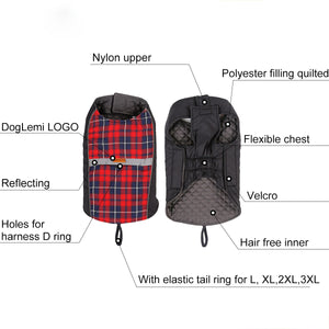 British Style Plaid Dog Coat Winter Warm Jacket with Leash Hole Reflective Strip Non-Stick for Small Medium Large Dogs