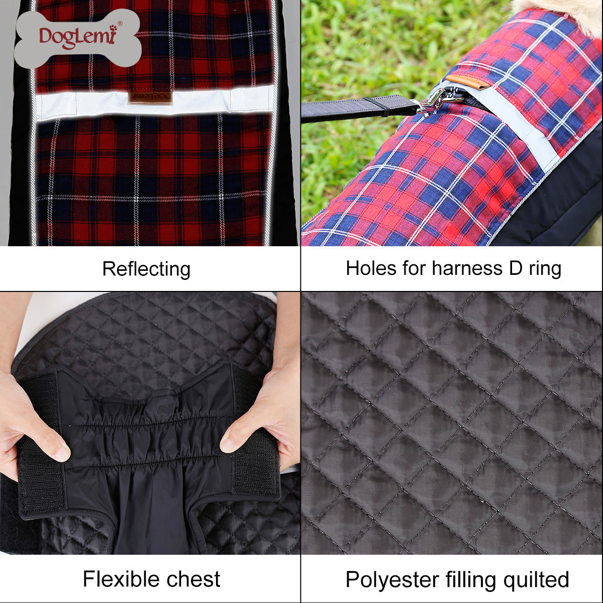British Style Plaid Dog Coat Winter Warm Jacket with Leash Hole Reflective Strip Non-Stick for Small Medium Large Dogs