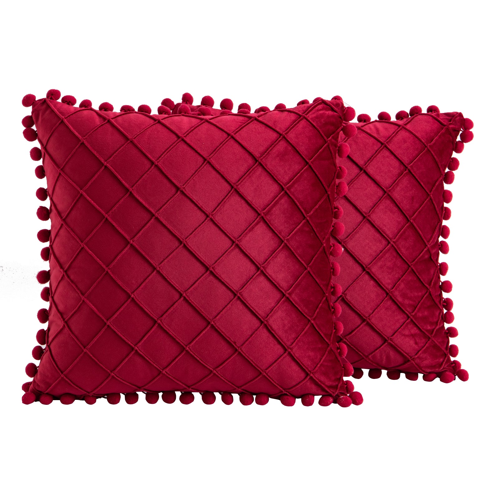 2 PCS Throw Pillow Covers with Pom-poms Soft Plush Velvet Decorative Luxury Style Cushion Case Pillow Shell for Sofa Bedroom, 12 Colors