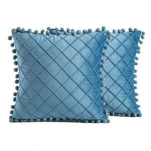 2 PCS Throw Pillow Covers with Pom-poms Soft Plush Velvet Decorative Luxury Style Cushion Case Pillow Shell for Sofa Bedroom, 12 Colors