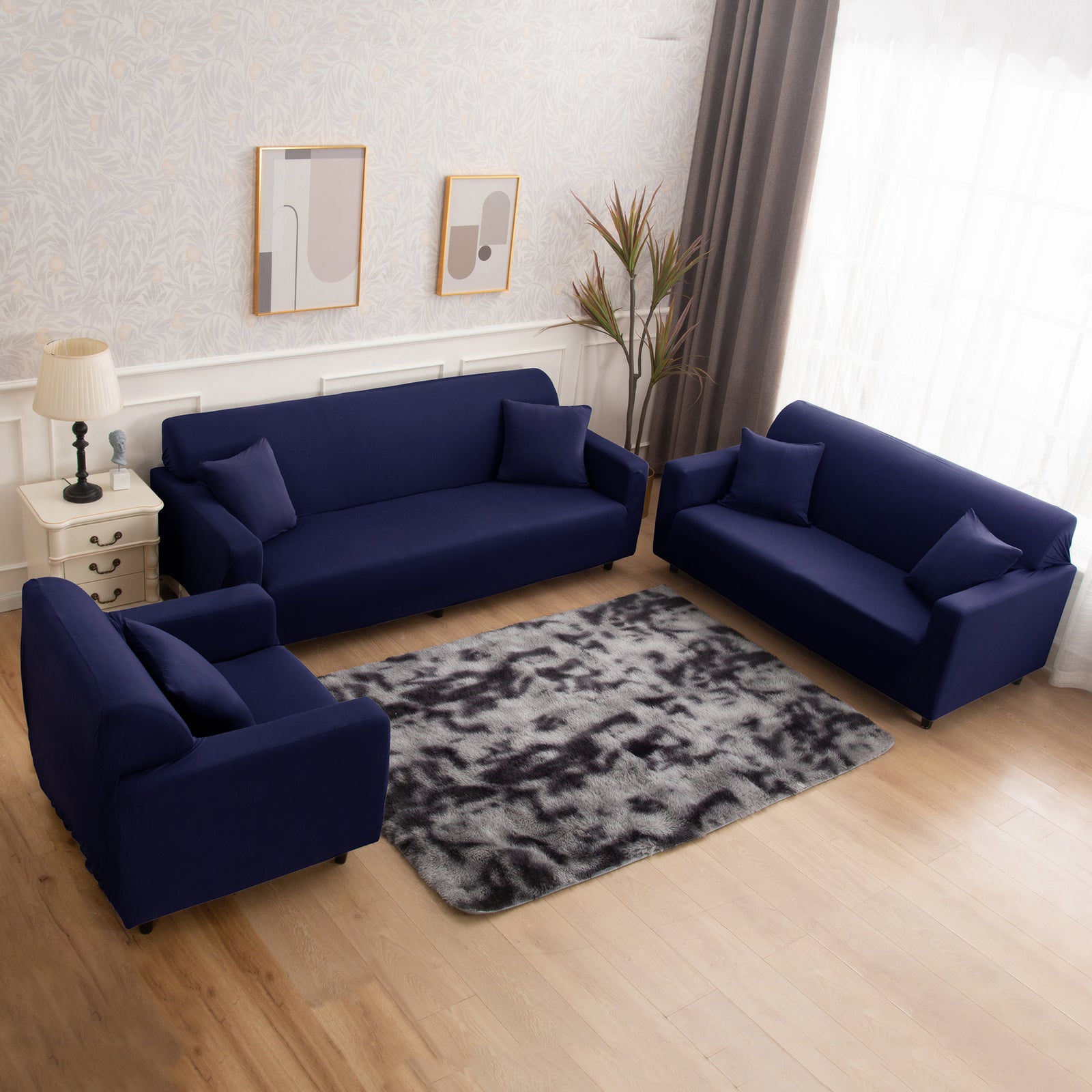 6 PCS Stretch Sofa Covers Pure Color Furniture Protective Cover 1 Triple 1 Double 1 Single Seat and 3 Pillowcases Combination