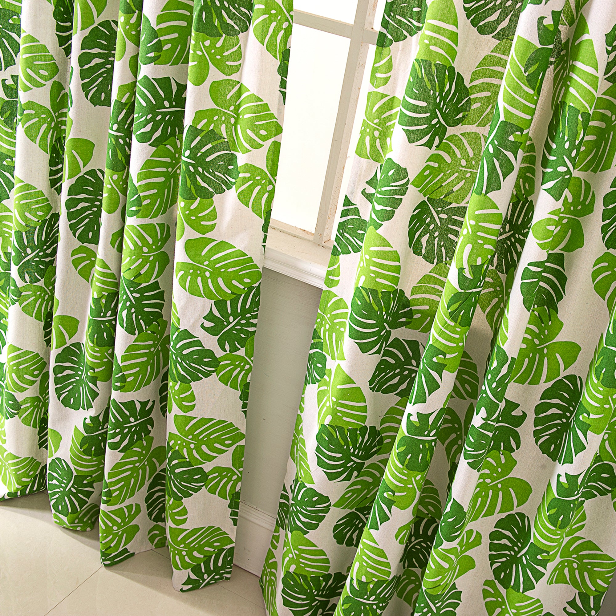 2PCS Green Leaf Curtains for Living Room- Monstera Plant Print Window Treatment Panels Blackout for Kids Bedroom Nursery Decor