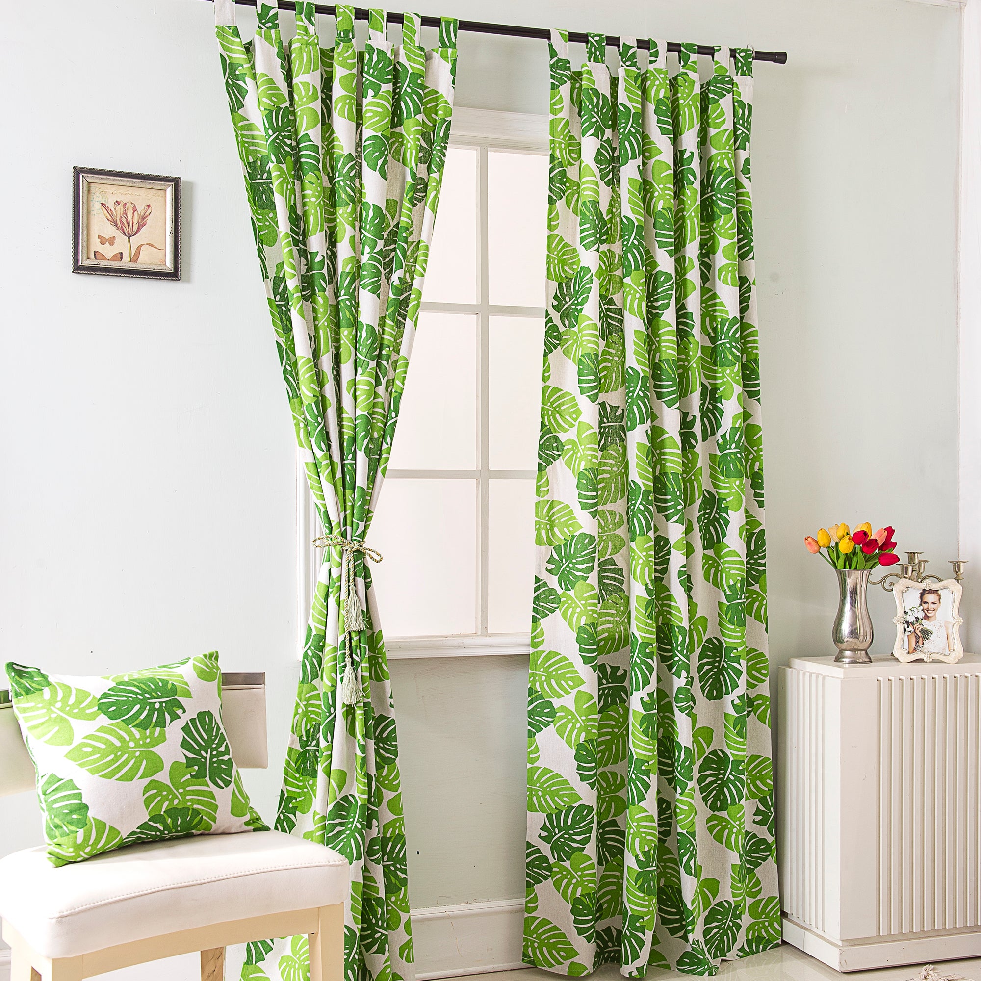 2PCS Green Leaf Curtains for Living Room- Monstera Plant Print Window Treatment Panels Blackout for Kids Bedroom Nursery Decor