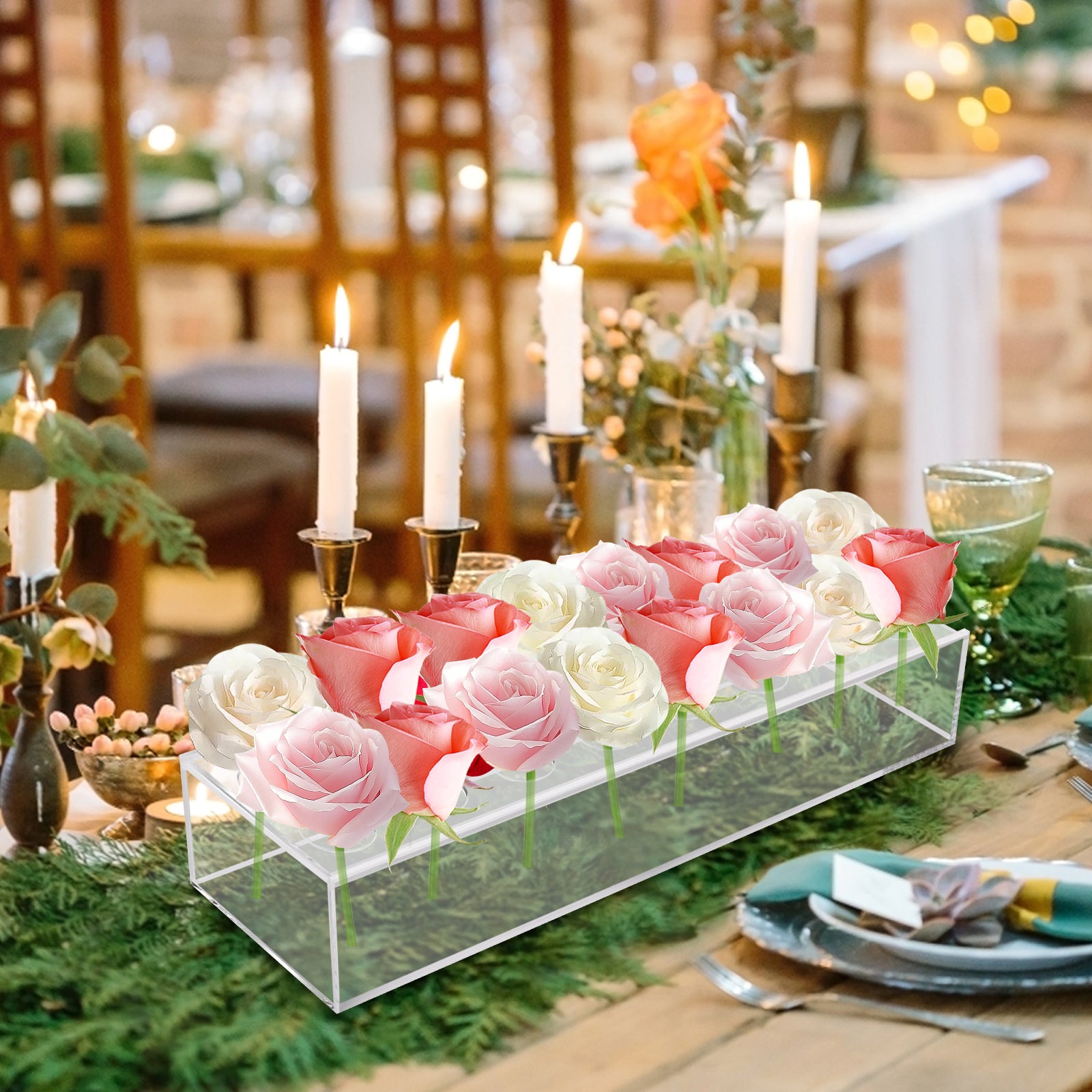 Clear Acrylic Flower Vase, Rectangular Floral Centerpiece, Rectangle Acrylic Vase for Home Wedding Dining Table Decor