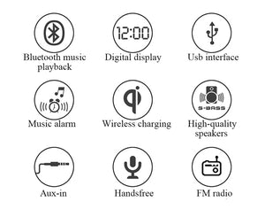 4-In-1 Digital Alarm Clock with Wireless Charging Bluetooth Speaker FM Radio for Bedroom Office