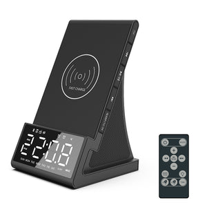 4-In-1 Digital Alarm Clock with Wireless Charging Bluetooth Speaker FM Radio for Bedroom Office