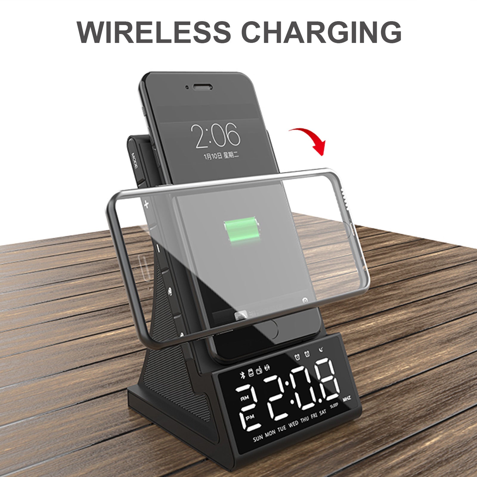 4-In-1 Digital Alarm Clock with Wireless Charging Bluetooth Speaker FM Radio for Bedroom Office