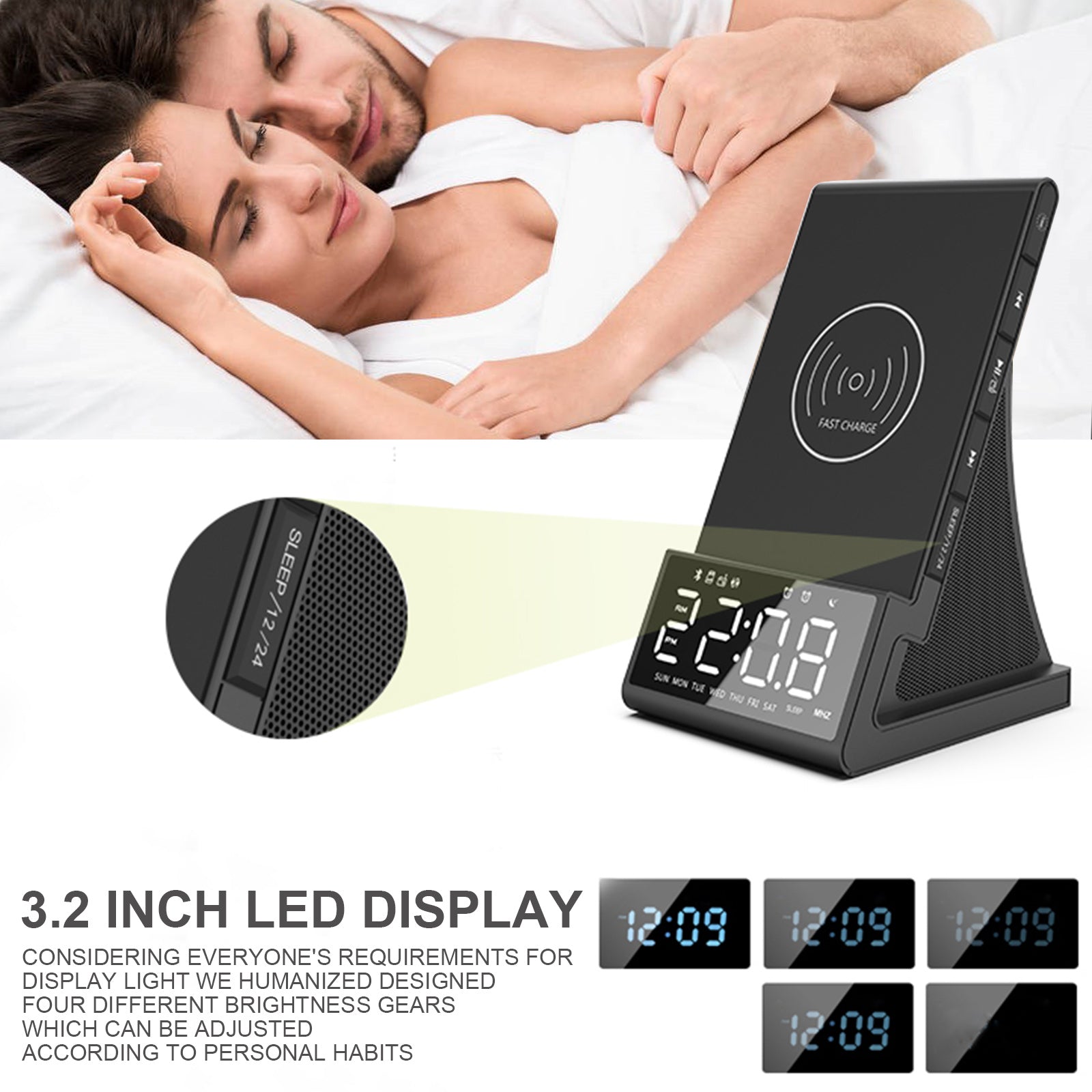 4-In-1 Digital Alarm Clock with Wireless Charging Bluetooth Speaker FM Radio for Bedroom Office
