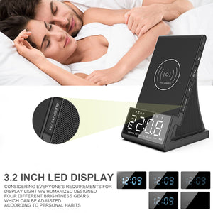 4-In-1 Digital Alarm Clock with Wireless Charging Bluetooth Speaker FM Radio for Bedroom Office
