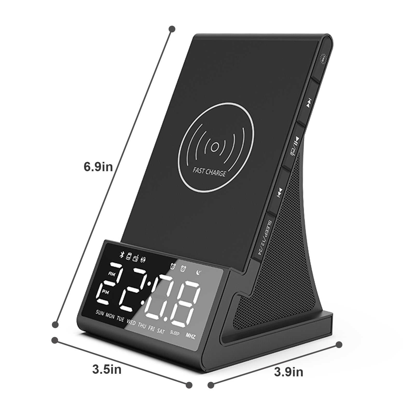 4-In-1 Digital Alarm Clock with Wireless Charging Bluetooth Speaker FM Radio for Bedroom Office