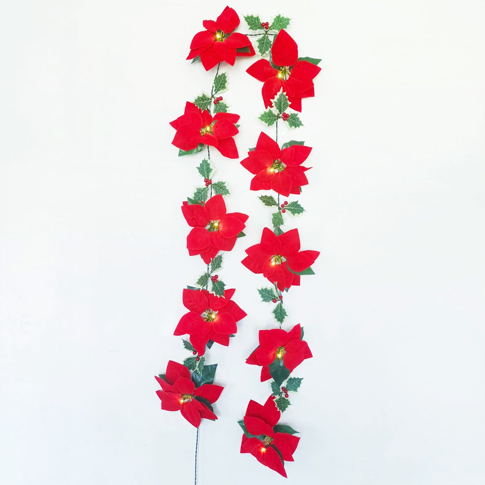 6.6FT Garland String Lights with Red Berries Holly Leaves Christmas Flowers  Decorations for New Year Holiday Indoor Fall Porch Decor