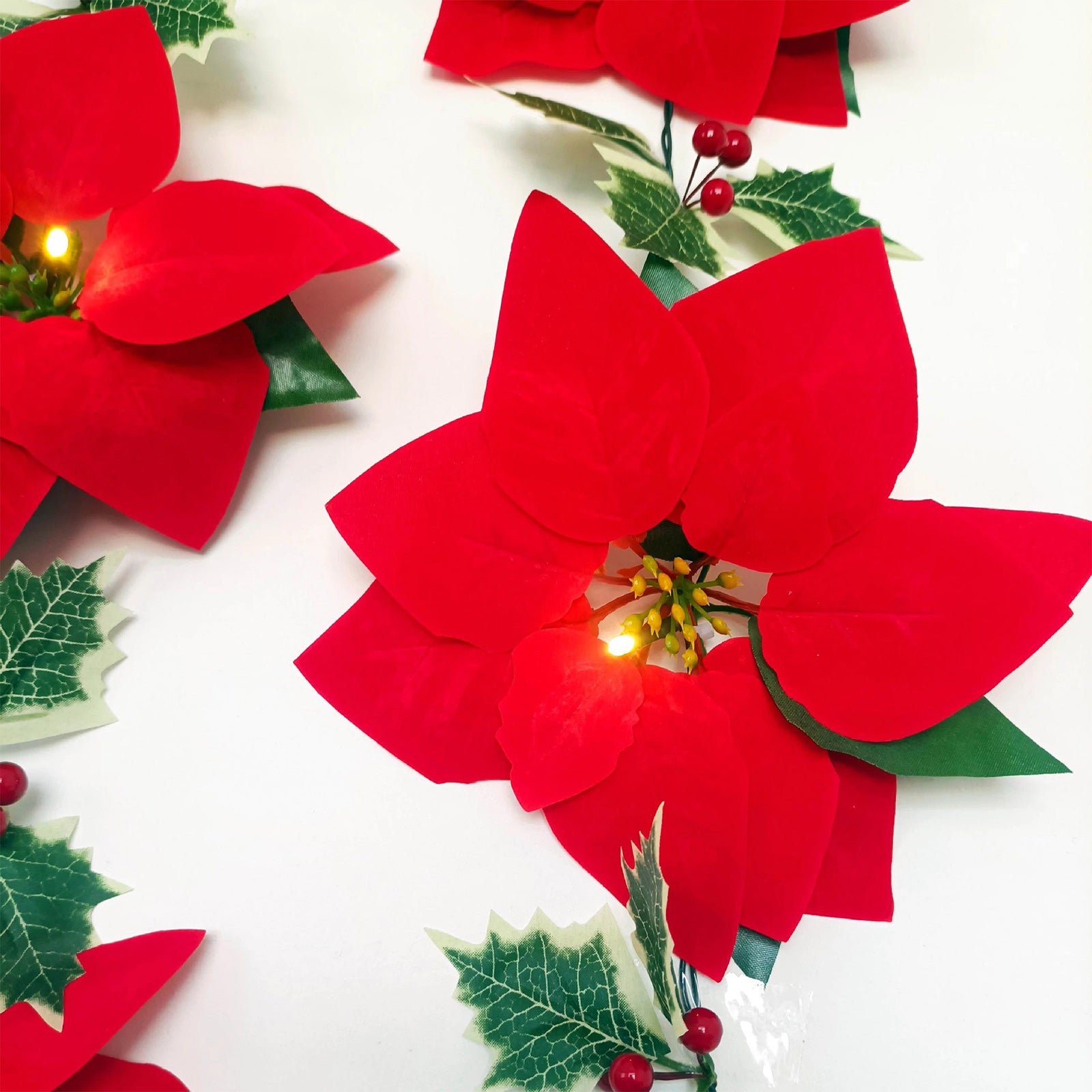 6.6FT Garland String Lights with Red Berries Holly Leaves Christmas Flowers  Decorations for New Year Holiday Indoor Fall Porch Decor