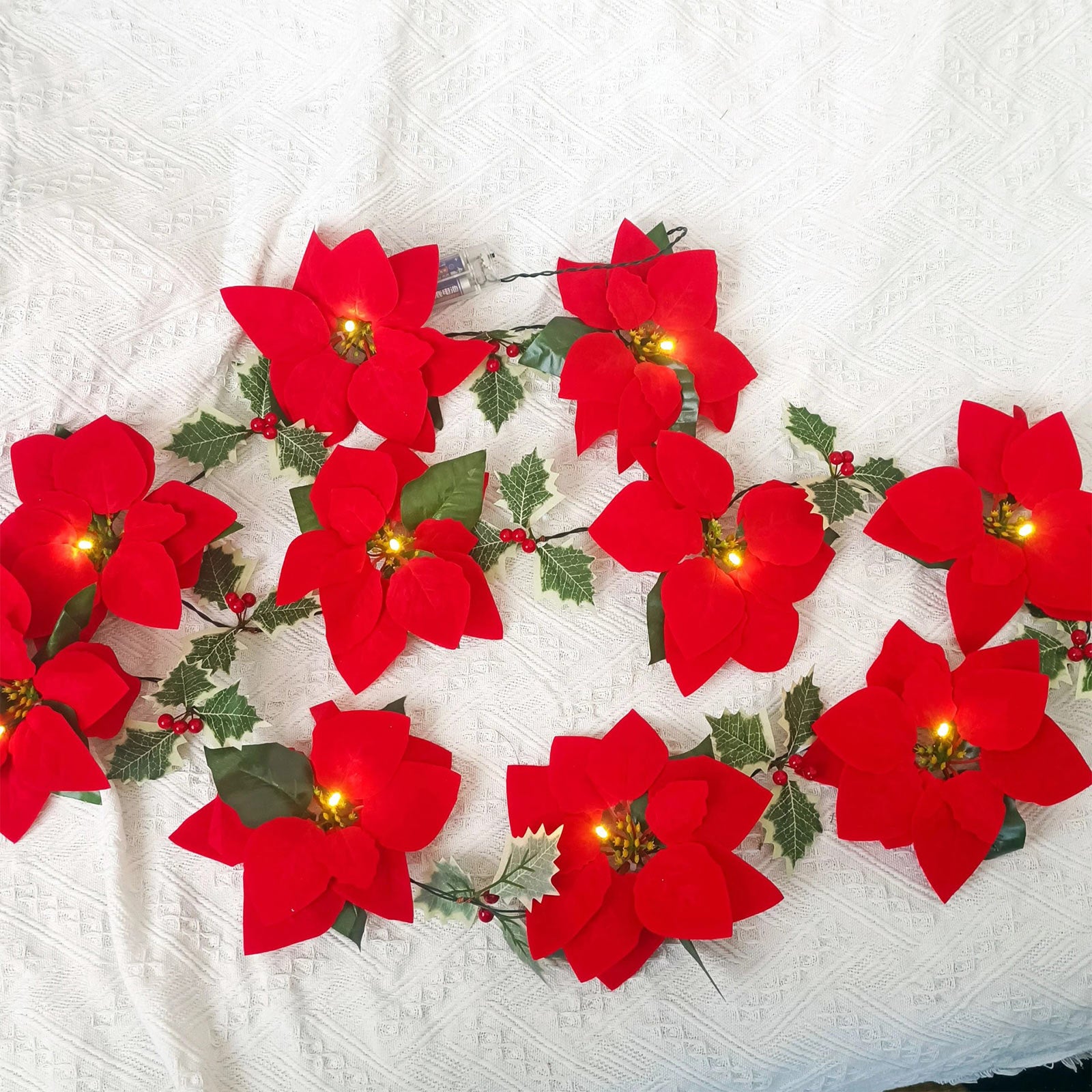 6.6FT Garland String Lights with Red Berries Holly Leaves Christmas Flowers  Decorations for New Year Holiday Indoor Fall Porch Decor