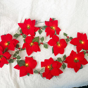 6.6FT Garland String Lights with Red Berries Holly Leaves Christmas Flowers  Decorations for New Year Holiday Indoor Fall Porch Decor
