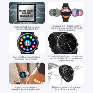 1.32'' Smart Watch Heart Rate Blood Pressure Tracker with Music Control Multiple Sports Modes